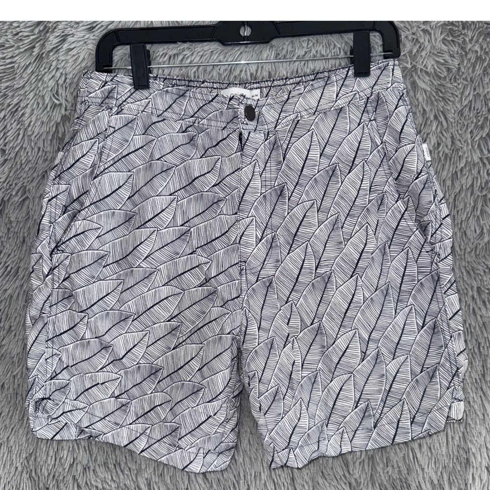 Onia Women's Shorts M/M Black White Leaf Print Elastic Waist Casual